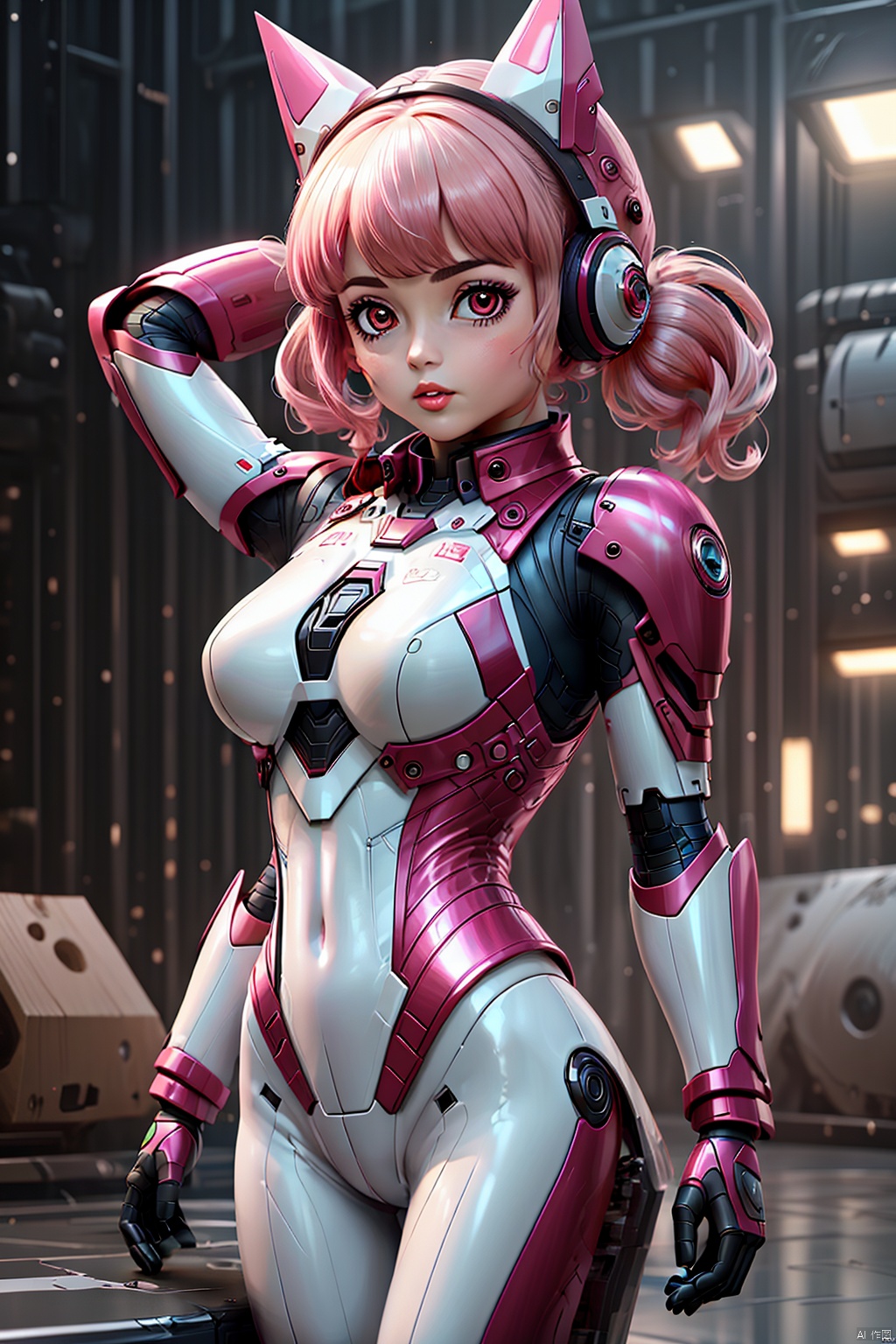  1girl, arms up, bangs, bodysuit, breasts, covered navel, cropped jacket, gloves, headphones, impossible bodysuit, jacket, large breasts, long hair, long sleeves, looking at viewer, lying, medium breasts, on back, parted lips, pink bodysuit, pink eyes, pink hair, puffy sleeves, red jacket, shrug \(clothing\), skin tight, solo, twintails,alice \(nikke\),(masterpiece:1.4),(best quality:1.4),(shiny skin),realistic, Electroplating paint