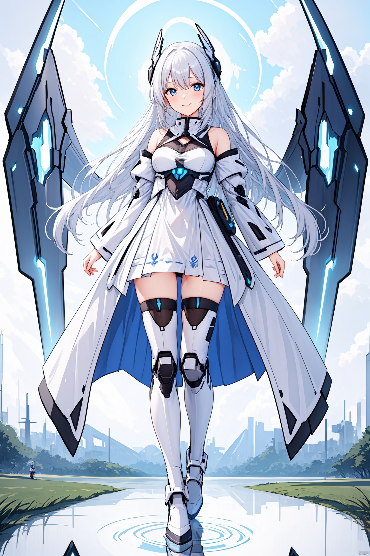  1girl, solo, long hair, breasts, looking at viewer, smile, bangs, blue eyes, thighhighs, dress, bare shoulders, medium breasts, full body, weapon, white hair, boots, outdoors, detached sleeves, wings, sky, day, sword, cloud, water, white dress, armor, zettai ryouiki, petals, floating hair, headgear, cloudy sky, floating, reflection, armored boots, mecha musume, mechanical wings