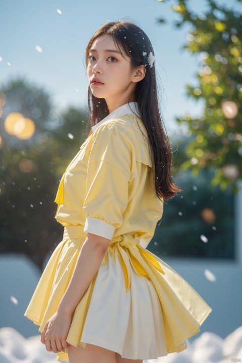 yellow theme,masterpiece,best quality,snowing,ray tracing,backlighting,dutch angle,(from side:0.4),Half side,1girl,solo,look up,arms behind back,oversized shirt,oversized clothes,school uniform,serafuku,beautiful detailed sky,(blurry foreground:1.2),light particles,bokeh,blurry,depth of field,blurry background,
,,,