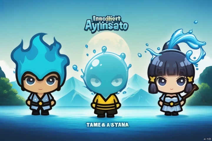  Three game characters, water elemental, KAMISATO AYAKA, masterpiece, title