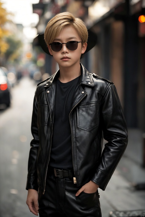  solo, looking at viewer, short hair, blonde hair, shirt, long sleeves, 1boy, closed mouth, standing, jacket, male focus, cowboy shot, outdoors, pants, blurry, open jacket, black jacket, black shirt, depth of field, blurry background, black pants, sunglasses, realistic, hands in pockets, leather, bokeh, leather jacket
