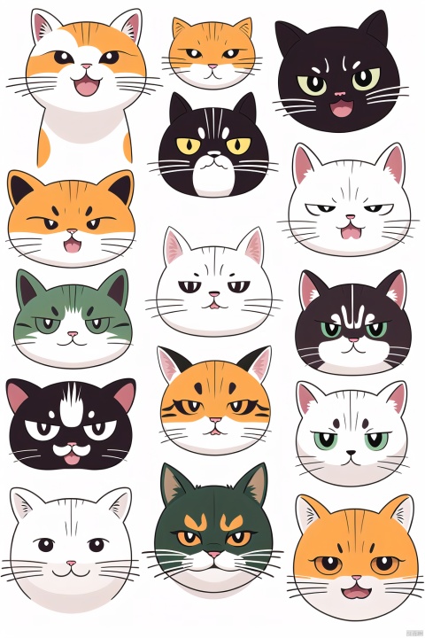 looking at viewer, open mouth, simple background, white background, closed mouth, green eyes, heart, artist name, no humans, multiple views, fangs, cat, angry, pout, realistic, animal focus, expressions, whiskers