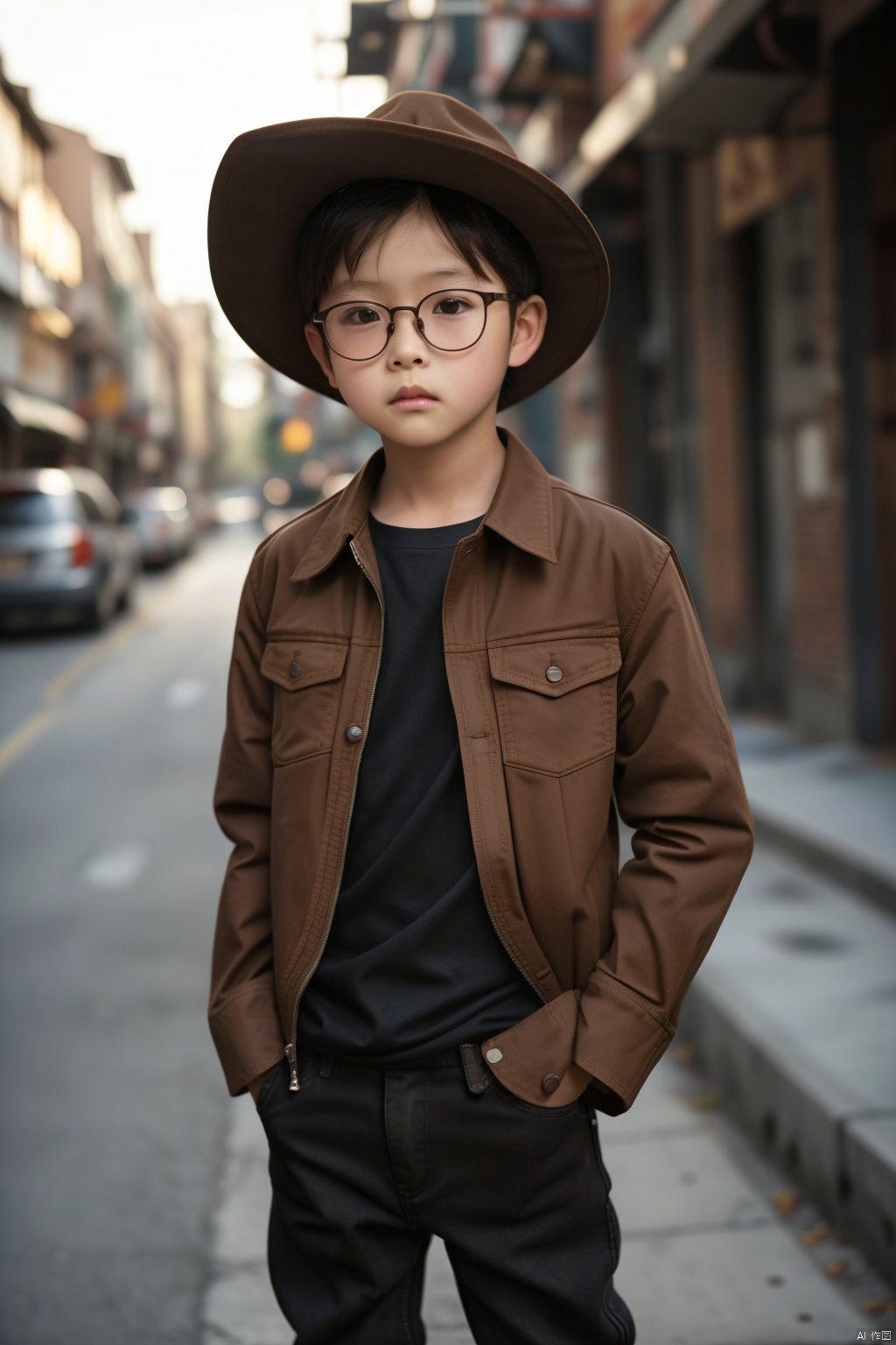  Real,photo,10-year-oldchild,solo, looking at viewer, brown hair, shirt, black hair, long sleeves, 1boy, standing, jacket, male focus, cowboy shot, outdoors, open clothes, glasses, day, pants, blurry, blurry background, black pants, building, hand in pocket, brown jacket, realistic