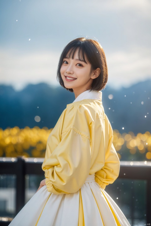 yellow theme,masterpiece,best quality,snowing,ray tracing,backlighting,dutch angle,leaning forward,half side,1girl,solo,light smile,looking at viewer,arms behind back,oversized shirt,oversized clothes,school uniform,serafuku,beautiful detailed sky,(blurry foreground:1.2),light particles,bokeh,blurry,depth of field,blurry background,
,,,,