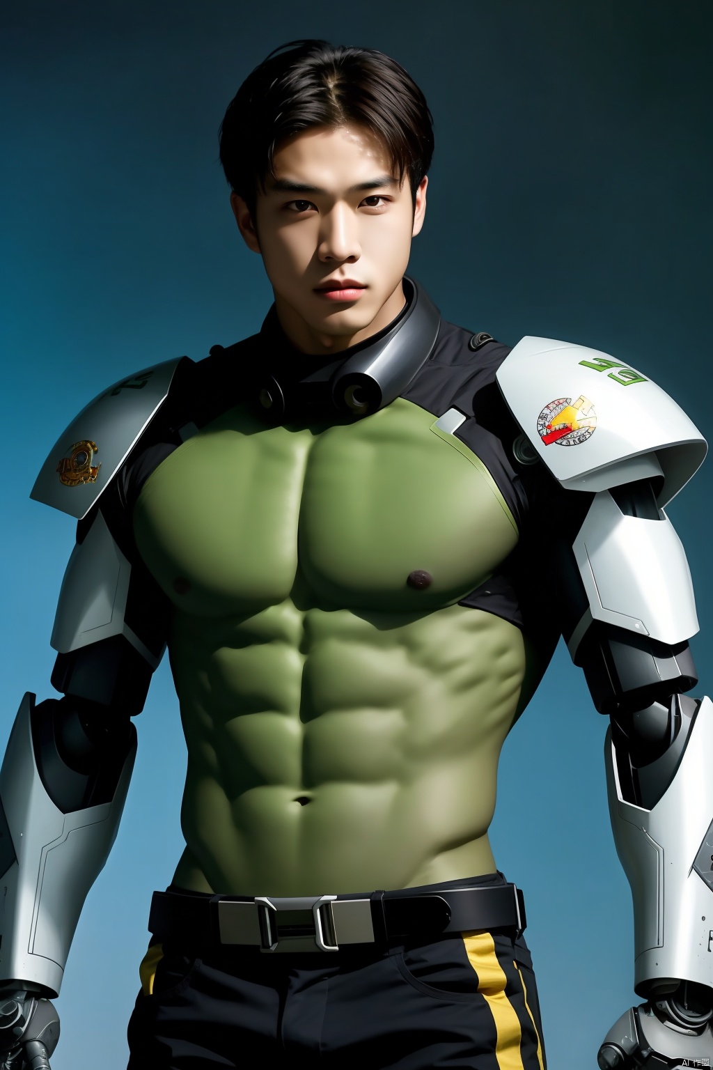  solo, 1boy, weapon, male focus, muscular, colored skin, abs, robot, mecha, science fiction, green skin, manly