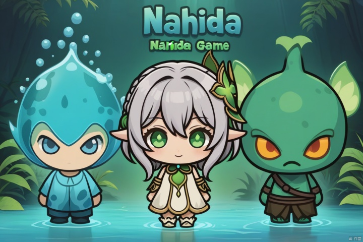  Three game characters, water elemental, NAHIDA, masterpiece, title