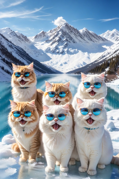 A group of Persian cats in stylish sunglasses, surprised, cute, laughing,  outdoors, sky, day, blue sky, no humans, scenery, snow, reflection, ice, mountain, motion blur, lake, frozen