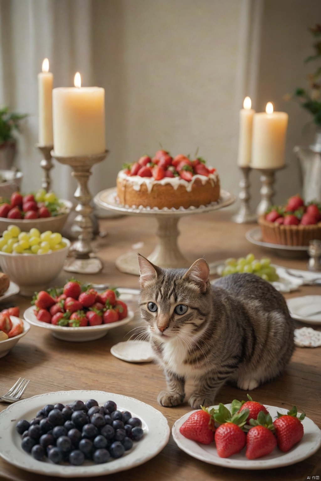  score_9, score_8_up, score_7_up, score_6_up, score_5_up, score_4_up,
food, indoors, blurry, no humans, fruit, depth of field, animal, table, cat, plate, cake, realistic, strawberry, candle, animal focus, grapes, food focus, blueberry