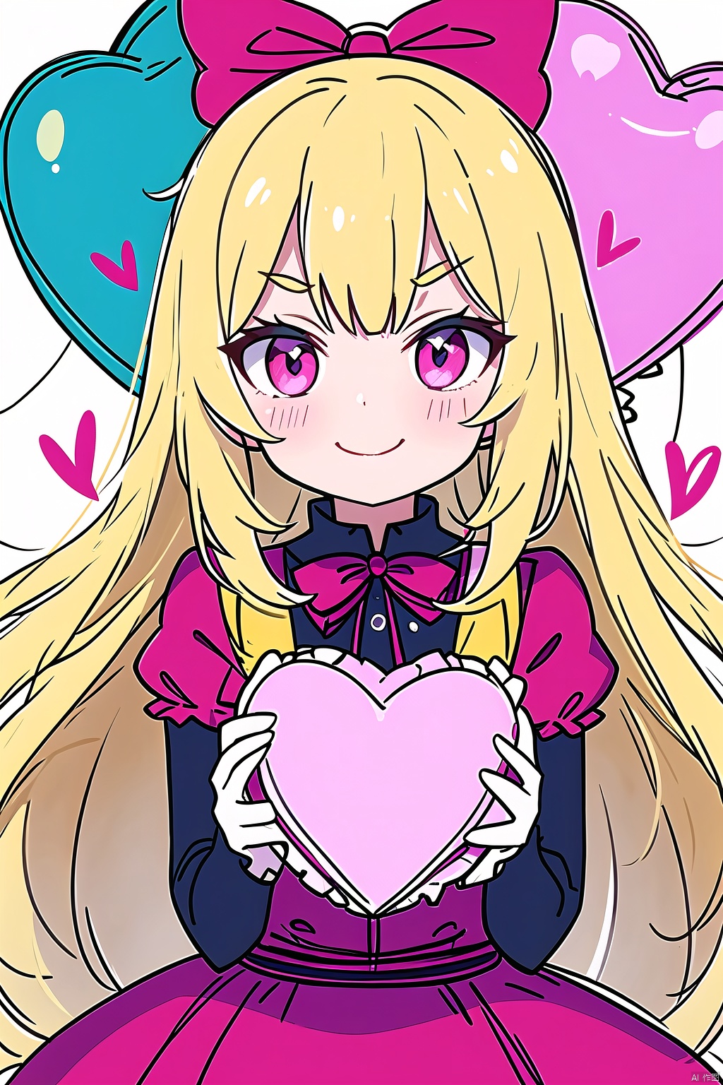  1girl, artist_name, balloon, bangs, blonde_hair, blush, bow, closed_mouth, dress, eyebrows_visible_through_hair, frills, gloves, heart, heart_balloon, heart_pillow, holding, long_hair, looking_at_viewer, one_eye_closed, pink_bow, simple_background, smile, solo, very_long_hair, white_background, masterpiece, Cluttered lines