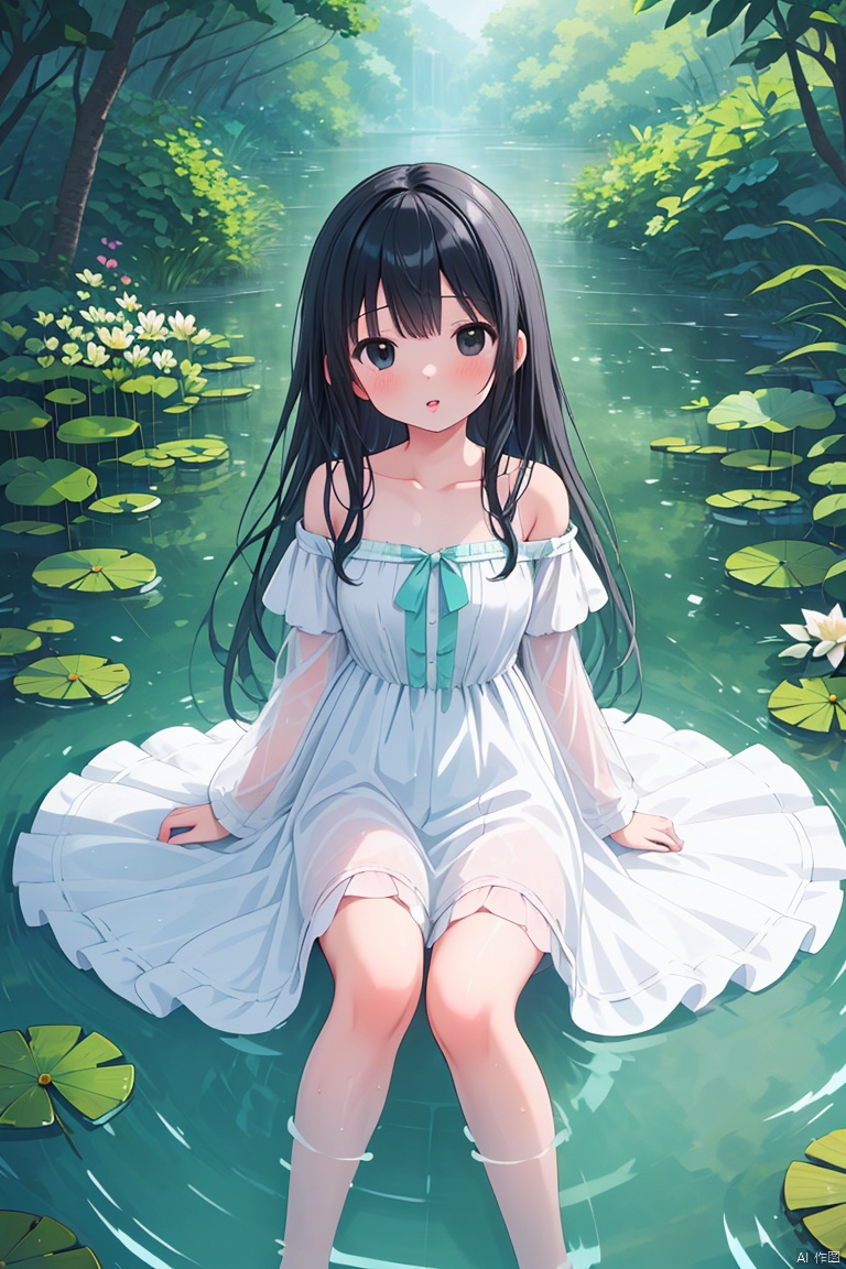  (masterpiece), (best quality), illustration, ultra detailed, hdr, Depth of field, (colorful), loli, 1girl, solo, dress, long hair, lily pad, flower, black hair, barefoot, water, white dress, looking at viewer, bare shoulders, bangs, blush, pink flower, off-shoulder dress, on back, lotus, lying, off shoulder, partially submerged, parted lips, bare legs, collarbone, outdoors, black eyes, breasts, aqua theme,