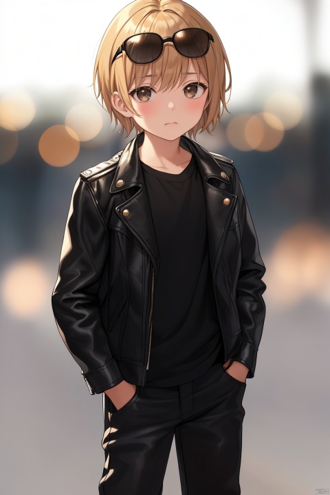  Photo, 10 year old child, single, looking at the audience, short hair, blonde hair, shirt, long sleeve, 1boy, Closed mouth, Standing, Jacket, Male Focus, Cowboy shot, Outdoor, pants, blur, Open Jacket, Black Jacket, black shirt, Depth of Field, Blur Background, Black pants, Sunglasses, Realistic, hands in pockets, leather, Bokeh, Leather jacket, Professional photography, real, 1girl, masterpiece