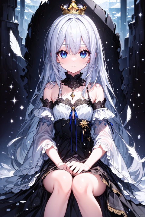  (((masterpiece))),best quality, illustration,(beautiful detailed girl), a girl ,solo,bare shoulders,flat_chst,diamond and glaring eyes,beautiful detailed cold face,very long blue and sliver hair,floaing black feathers,wavy hair,black and white sleeves,gold and sliver fringes,a (blackhole) behind the girl,a silver triple crown inlaid with obsidian,(sit) on the black ((throne)), (depth) of (field)