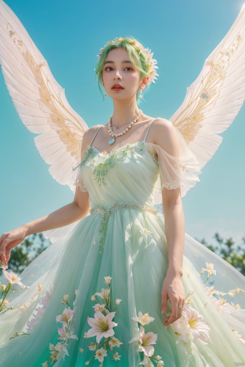  Quality, 8K, extremely intricate details, 1 girl, Lolita, gradient color, careful eyes, transparent wings, gradient art, in the flowers, (huge lily :1.1), sky, (White cloud :0.9), full lens, necklace, pearls and jewelry, 1 girl, flowing dress, light green dress, huge flowers, wide Angle, hdr