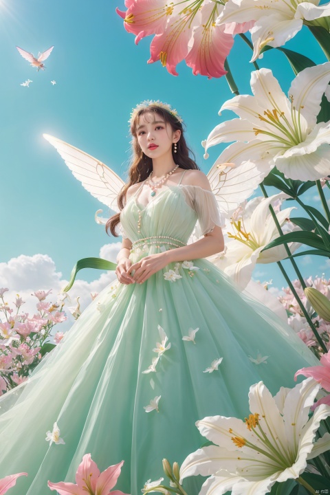  Quality, 8K, extremely intricate details, 1 girl, Lolita, gradient color, careful eyes, transparent wings, gradient art, in the flowers, (huge lily :1.1), sky, (White cloud :0.9), full lens, necklace, pearls and jewelry, 1 girl, flowing dress, light green dress, huge flowers, wide Angle, hdr