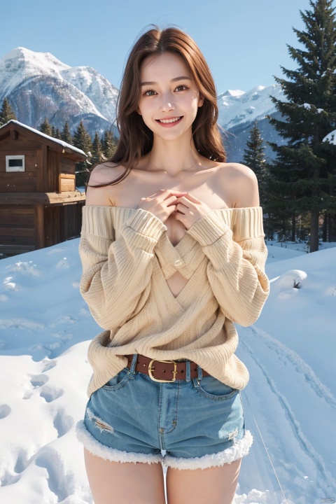 1 girl, thigh strap, belt, single, (Virgin sweater: 1.2), clear eyes, collarbone, brown hair, long hair, smile, huge chest, shoulders, shorts, (hands on chest), (snow), snow, (outdoor)