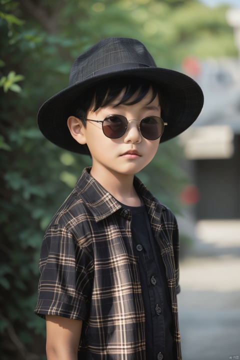 Real, photo, 10 year old, single, looking at the audience, plaid shirt, black hair, boy, hat, Fashion shirt, top, short sleeve, Male focus, outdoor, day, blur, plaid, blur background, sunglasses, Reality, plaid shirt