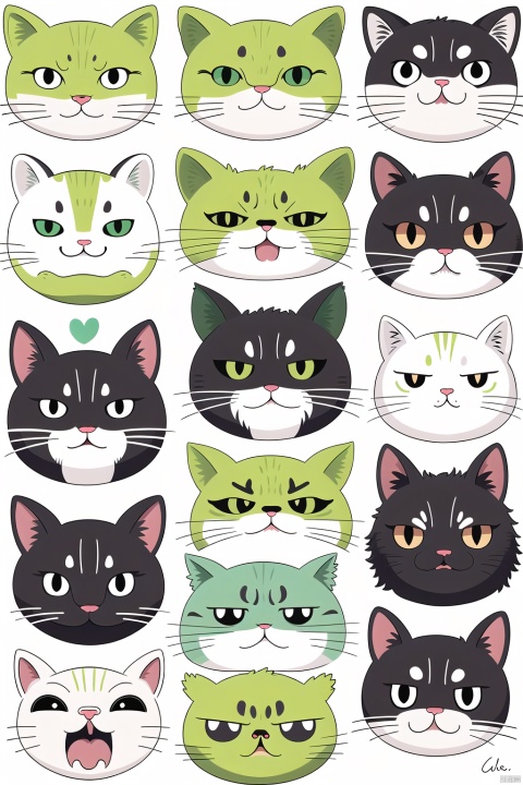 looking at viewer, open mouth, simple background, white background, closed mouth, green eyes, heart, artist name, no humans, multiple views, fangs, cat, angry, pout, realistic, animal focus, expressions, whiskers