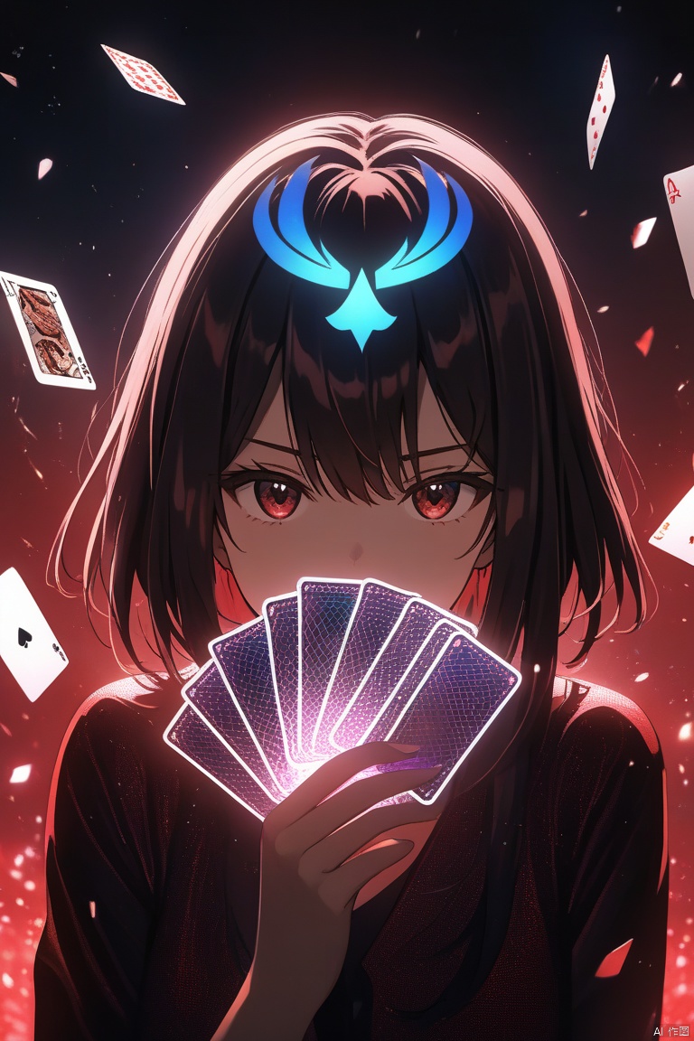 Anime Magic, close-up shot of a girl holding glowing Hologram poker cards in her hands in front of her face, four Ace of Spade in her hands, poker cards flying in the sky, glowing magic effects, dark lighting, highly detailed, ultra-high resolutions, 32K UHD, best masterpiece, lighting quality,red theme,Holographic effect