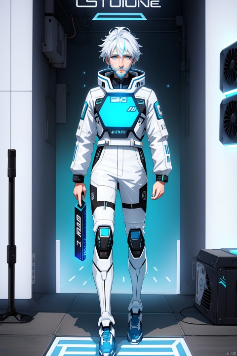  Boy, single, short hair, (blue eyes :1.2), full body, (white hair :1.2), Armor, Sci-fi, Holographic, HD, 32k, Wind, 20 years old, Sunshine, Teen, outgoing, lively, Headshot, white space suit, Cyberpunk,Keyboard, mouse, graphics card, console, gamepad,Headphone, Face marker, pointing, realistic, Nose, pilot suit, beard pen, face paint, mechanical core, (graphics card fan :1.2), mechanical leg, graphics card promotional figure, male image