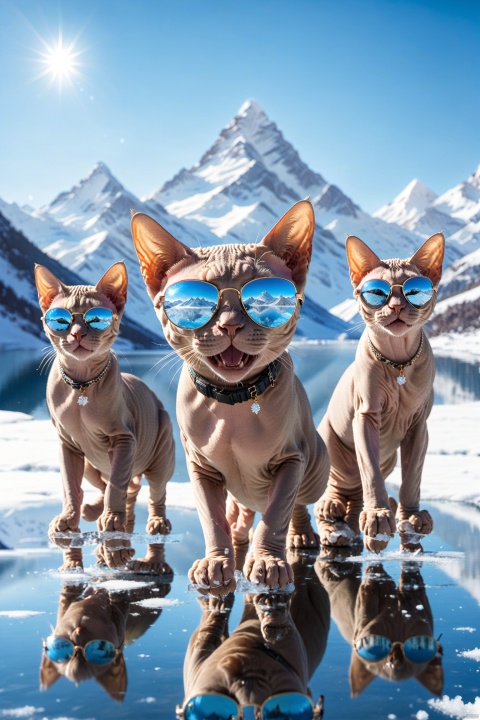 A bunch of Sphinx cats fashion sunglasses, surprise, cute, laugh,  outdoors, sky, day, blue sky, no humans, scenery, snow, reflection, ice, mountain, motion blur, lake, frozen