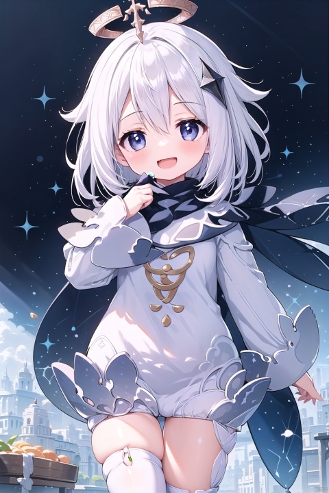  1girl, solo, looking at viewer, blush, smile, short hair, open mouth, blue eyes, hair ornament, thighhighs, dress, hair between eyes, white hair, food, scarf, cape, white dress, halo, single thighhigh, paimon \(genshin impact\)