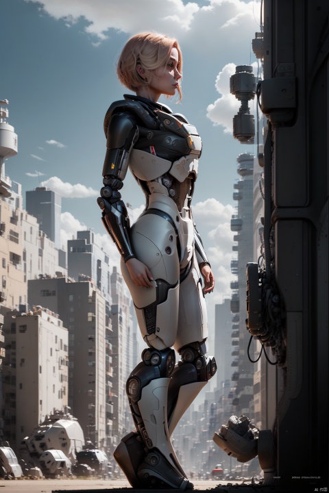  lida, 1girl, solo, breasts, short_hair, blonde_hair, standing, full_body, sky, cloud, from_side, english_text, bodysuit, cover, science_fiction, joints, cyborg, robot_joints
