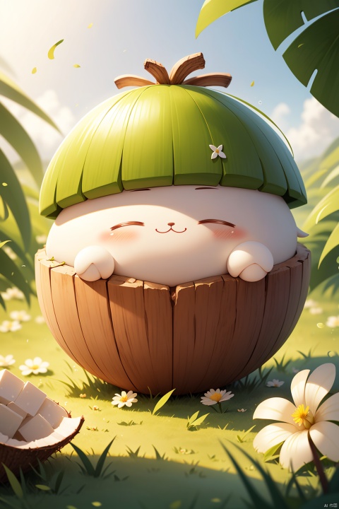 （Red hat：1.2）coconut,Coconut blind box,blush,closed eyes,dandelion,depth of field,flower,grass,hat,leaf,solo,sunlight,white flower