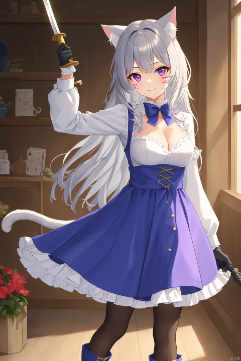 1girl, solo, long hair, breasts, looking at viewer, bangs, skirt, shirt, gloves, long sleeves, dress, bow, holding, animal ears, cleavage, medium breasts, closed mouth, purple eyes, tail, white shirt, weapon, grey hair, pantyhose, boots, frills, black gloves, sword, indoors, cat ears, black footwear, holding weapon, arm up, cat tail, animal ear fluff, black pantyhose, facial mark, holding sword, cat girl, card
