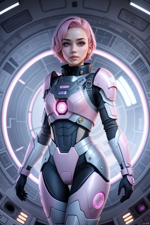 1girl, solo, looking at viewer, short hair,（ Pink eyes：1.8）, full body, pink hair, armor, lips, bodysuit, science fiction, hologram, HD,32k,,