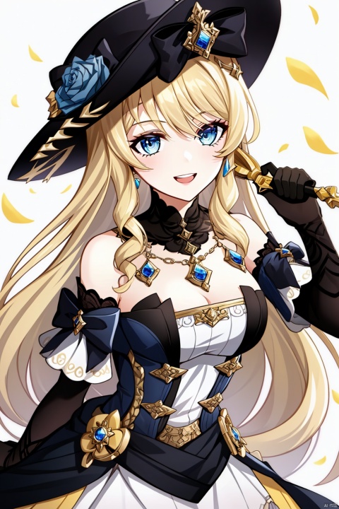 1girl, solo, long hair, breasts, looking at viewer, smile, open mouth, bangs, blue eyes, blonde hair, simple background, gloves, hat, white background, dress, holding, cleavage, bare shoulders, jewelry, medium breasts, petals, black headwear, sunglasses, eyewear removed, holding eyewear