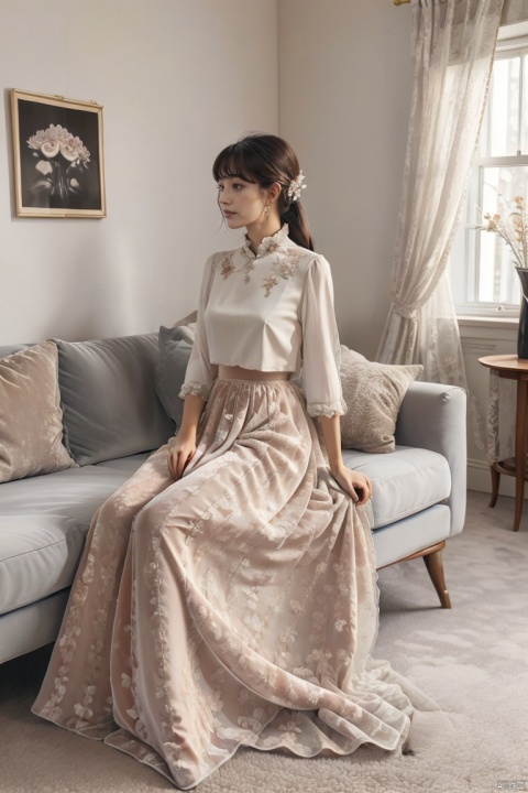  masterpiece, panorama,a girl, solo focus, half_body,long hair, dress, sitting in sofa, a delicate sitting room, a photo frame on the wall, velvet curtains, sofa in modern minimalist style, ((carpet)) on the floor, beautiful flowers,skirt_lift,cns_dress,真实, flowing skirts,Giant flowers,