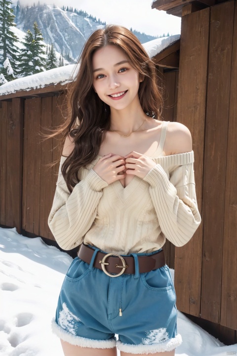 1 girl, thigh strap, belt, single, (Virgin sweater: 1.2), clear eyes, collarbone, brown hair, long hair, smile, huge chest, shoulders, shorts, (hands on chest), (snow), snow, (outdoor)