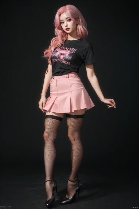 1girl,moyou,black background,full body,pink hair, 
black miniskirt, shirt, black high heels,
Fishnets,  fishnet pantyhose,
 