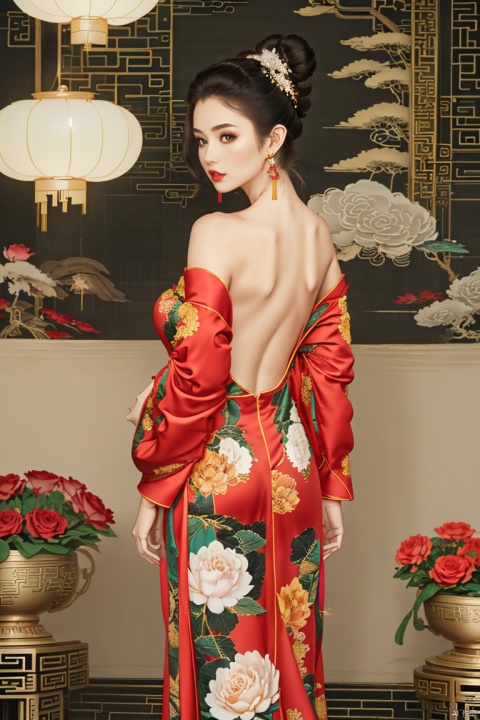  1girl, solo, breasts, looking at viewer, black hair, hair ornament, long sleeves, dress, holding, bare shoulders, jewelry, standing, full body, flower, earrings, looking back, off shoulder, hair bun, petals, leaf, back, chinese clothes, red dress, single hair bun, bowl, backless outfit, bare back, updo