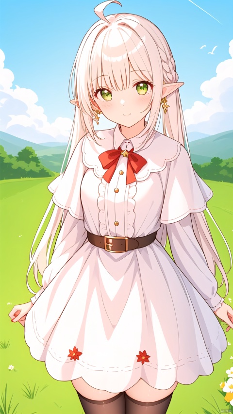  1girl, solo, long hair, looking at viewer, bangs, thighhighs, long sleeves, dress, twintails, jewelry, closed mouth, green eyes, standing, flower, ahoge, white hair, earrings, boots, outdoors, sky, pointy ears, belt, cloud, white dress, white thighhighs, parted bangs, petals, capelet, feet out of frame, bird, brown footwear, cloudy sky, white flower, elf, red nails, white capelet