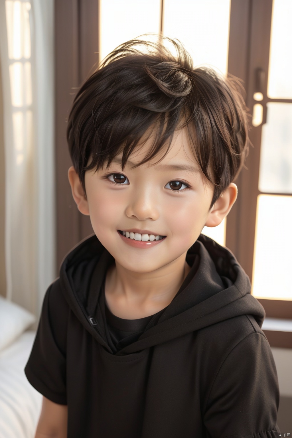 solo, looking at viewer, smile, short hair, brown hair, shirt, black hair, 1boy, brown eyes, short sleeves, male focus, teeth, indoors, hood, grin, blurry, window, bed, curtains, child, realistic, male child