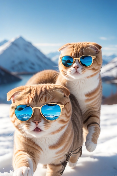  A bunch of Scottish fold cats in stylish sunglasses, surprised, cute, laughing, outdoors, sky, day, blue sky, no humans, scenery, snow, reflection, ice, mountain, motion blur, lake, frozen, particles, feicuixl, Anime style