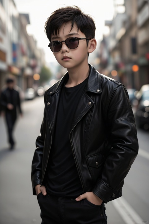  Photo, 10 year old child, single, looking at the audience, short hair, blonde hair, shirt, long sleeve, 1boy, Closed mouth, Standing, Jacket, Male Focus, Cowboy shot, Outdoor, pants, blur, Open Jacket, Black Jacket, black shirt, Depth of Field, Blur Background, Black pants, Sunglasses, Realistic, hands in pockets, leather, Bokeh, Leather jacket, Professional photography, real,
