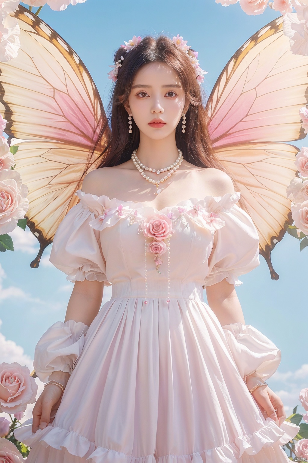  quality, 8K, extremely complex details, 1girl, lolita, careful eyes, looking_at_viewer, butterfly, gradient art, in the flower cluster, (rose:1.1), sky, (white cloud:0.9), full_shot, necklace, pearls andjewels, , 1girl, moyou, flowing skirts,Giant flowers,, Wide angle,hdr