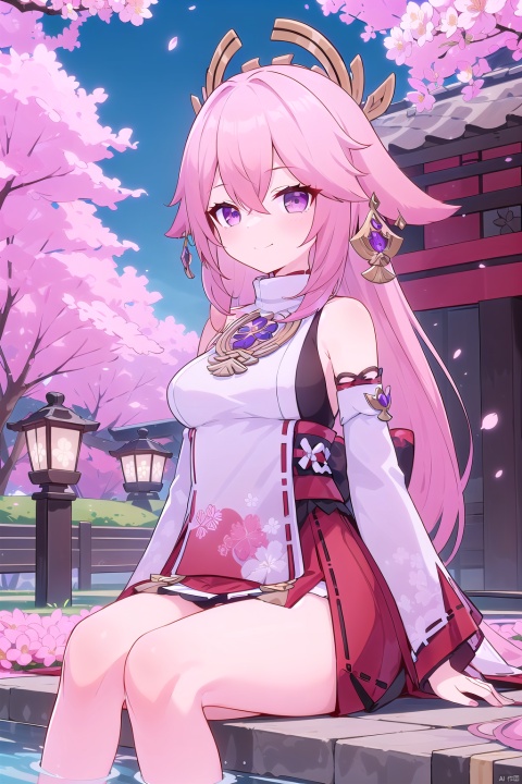  1girl, solo, long hair, breasts, looking at viewer, smile, bangs, skirt, shirt, hair ornament, long sleeves, animal ears, hair between eyes, bare shoulders, jewelry, sitting, very long hair, closed mouth, purple eyes, white shirt, pink hair, thighs, earrings, outdoors, detached sleeves, japanese clothes, wide sleeves, water, tree, cup, petals, fox ears, sleeveless shirt, red skirt, floral print, cherry blossoms, nontraditional miko, lantern, yokozuwari, vision \(genshin impact\), architecture, sakazuki, east asian architecture, yae miko, YSbachongshenzi