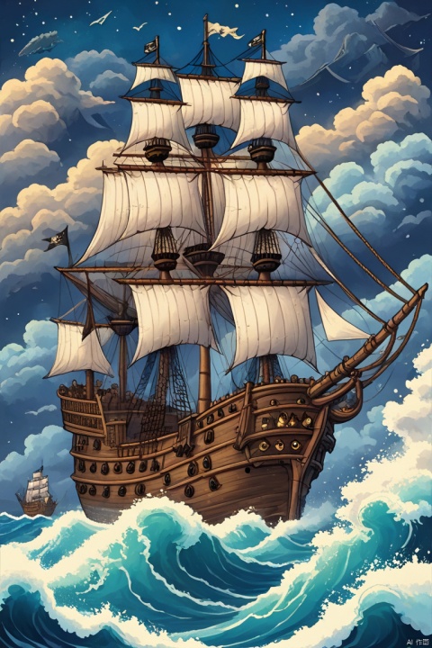 pubg style the image features a pirate ship sailing in the ocean, surrounded by rough waves and foamy sea spray. the pirate ship is large with three masts, each displaying sails that catch the wind as it moves forward. the background consists of a starry night sky, which adds an element of mystique to the scene. the style used in this artwork appears to be a mix of fantasy and realistic elements, creating a visually engaging and dramatic depiction of the pirate ship's voyage across the open waters. . realistic battle royale, survival mechanics, tactical combat