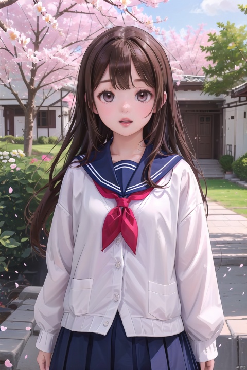  1girl, solo, long hair, looking at viewer, blush, open mouth, bangs, skirt, brown hair, shirt, long sleeves, brown eyes, school uniform, standing, upper body, flower, outdoors, parted lips, sky, serafuku, day, hand up, sailor collar, tree, blue sky, neckerchief, sleeves past wrists, petals, cardigan, blue sailor collar, cherry blossoms, red neckerchief, white cardigan, wmchahua, simple drawing, childpaiting, children