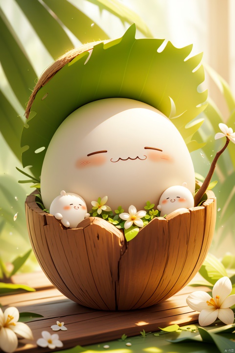 garland,coconut,Coconut blind box,blush,closed eyes,dandelion,depth of field,flower,grass,hat,leaf,solo,sunlight,white flower