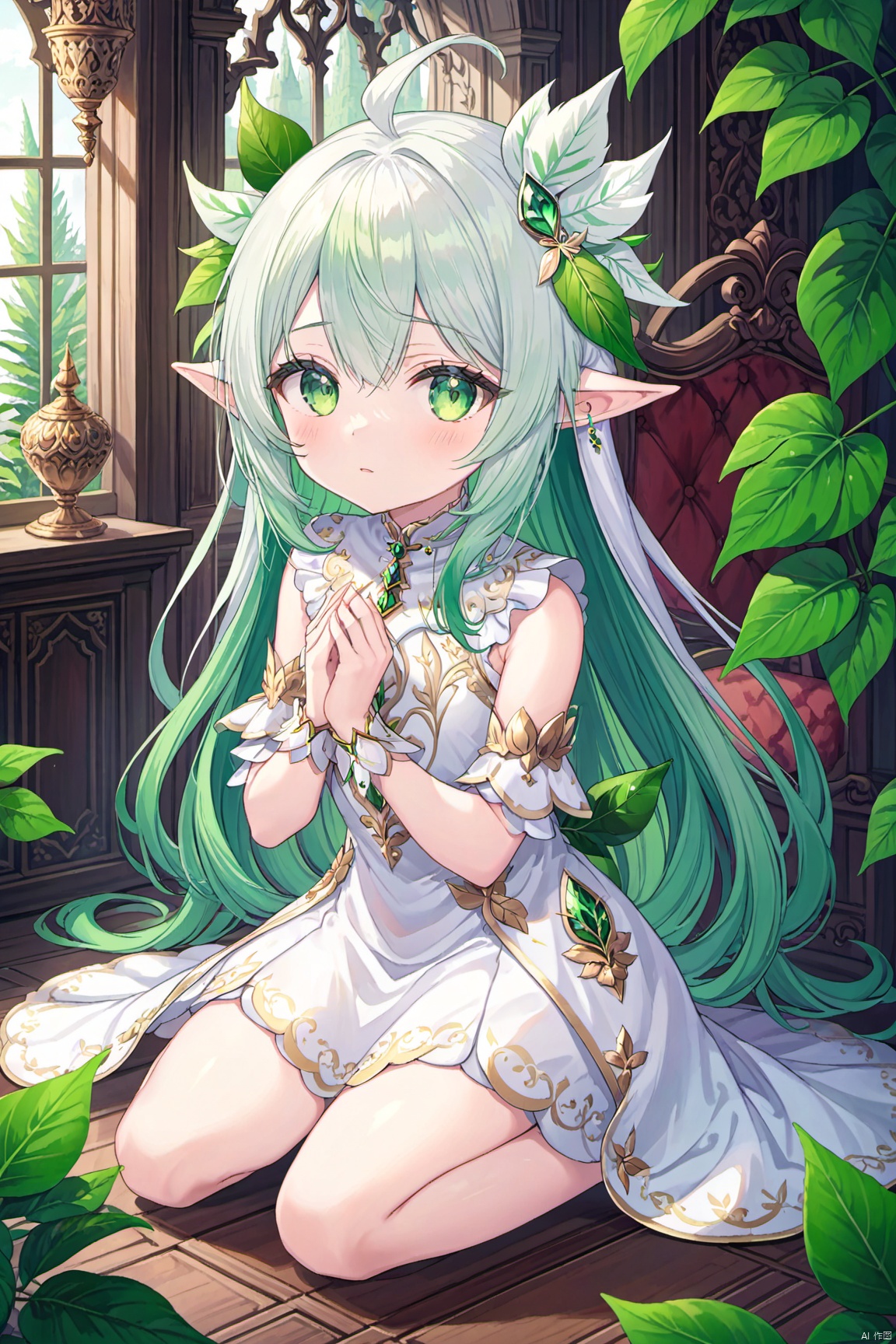  ,a girl named nahida,nahida,pointy ears,bangs,1girl,white hair,hair ornament,gradient hair,symbol-shaped pupils,green hair,white dress,jewelry,green eyes,detached sleeves,leaf hair ornament,,indoors,kneeling, 1girl,, (masterpiece,best quality:1.2),absurdres, a girl named nahida