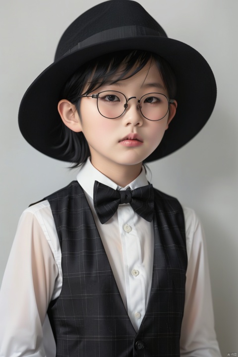 1girl, solo, looking at viewer, short hair, shirt, black hair, hat, bow, white shirt, upper body, glasses, collared shirt, bowtie, vest, lips, plaid, black headwear, black bow, black-framed eyewear, black vest, black bowtie, realistic