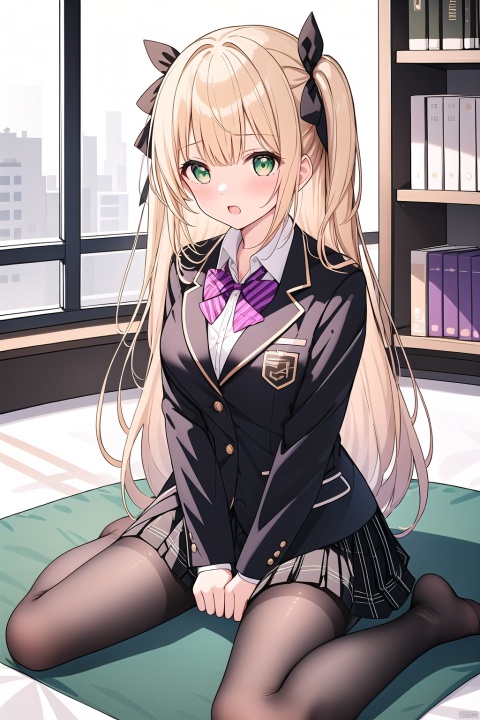  1girl, solo, long hair, breasts, looking at viewer, blush, open mouth, bangs, skirt, blonde hair, shirt, long sleeves, bow, ribbon, sitting, school uniform, green eyes, jacket, full body, hair ribbon, white shirt, pantyhose, pleated skirt, collared shirt, indoors, bowtie, two side up, black jacket, book, plaid, black pantyhose, window, black ribbon, plaid skirt, wariza, no shoes, stuffed toy, blazer, between legs, purple skirt, bookshelf