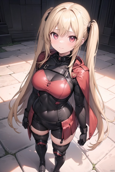  1girl, Future style gel coat, Future Combat Suit, armor, armored boots, red cape, blonde hair, bodysuit, boots, breasts, cloak, full body, long hair, looking at viewer, medium breasts, solo, standing, twintails,