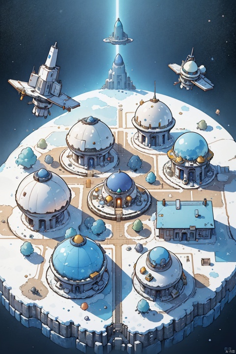  science fiction high tech settlement in space on a barren planet, metal buildings, glass domes, spacecraft