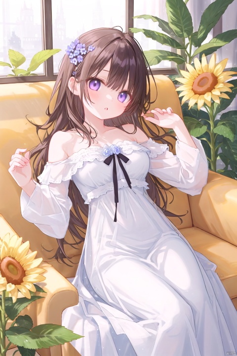 1girl,flower,purple_flower,yellow_flower,long_hair,couch,solo,white_flower,white_dress,looking_at_viewer,bare_shoulders,pink_flower,plant,purple_eyes,hair_flower,off_shoulder,on_couch,on_back,sunflower,long_sleeves,brown_hair,breasts,hair_ornament,lying,bangs,dress,rose,hydrangea,day,parted_lips