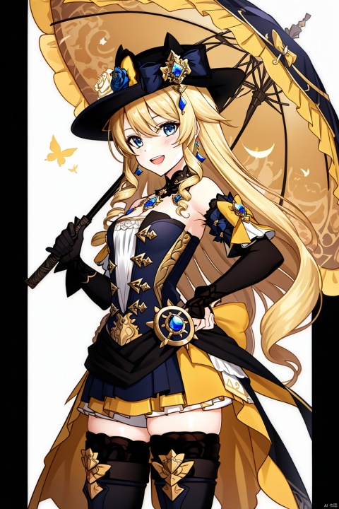 1girl, solo, long hair, breasts, looking at viewer, smile, open mouth, bangs, blue eyes, skirt, blonde hair, thighhighs, gloves, hat, dress, bow, holding, bare shoulders, jewelry, standing, flower, :d, earrings, small breasts, boots, detached sleeves, black gloves, elbow gloves, black thighhighs, zettai ryouiki, hand on hip, book, black headwear, strapless, rose, umbrella, thigh boots, drill hair, holding umbrella, hat flower, parasol, over shoulder